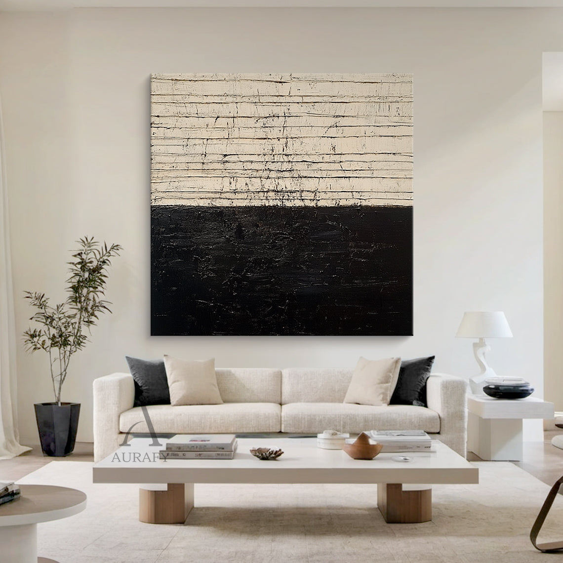 Beige & Black Distressed Textured Abstract Wall Art - AURA814