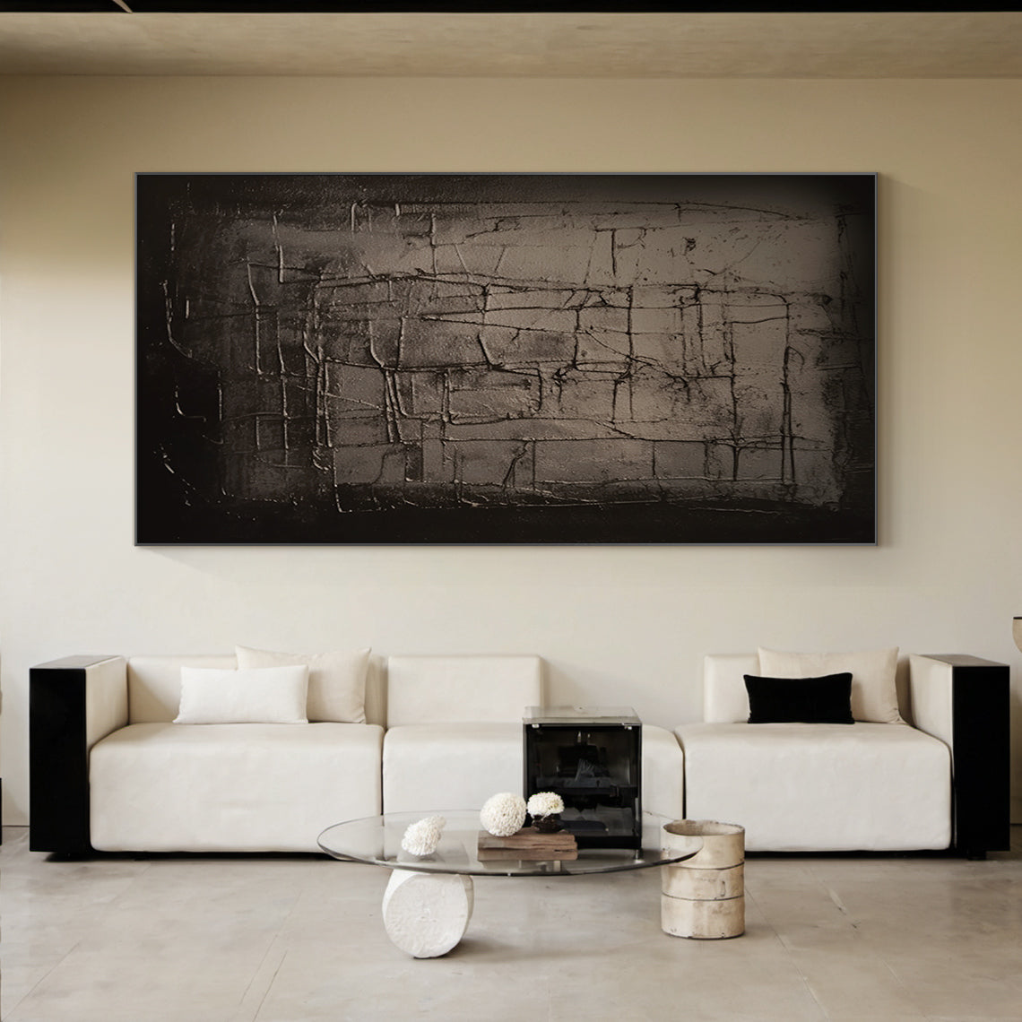 Textural Grid Painting-Deep Charcoal Canvas-AURA019