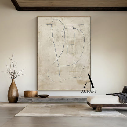 Minimalist Beige Plaster Textured Line Art Japandi Abstract Neutral Wall Decor Modern Organic Canvas Artwork AURA542