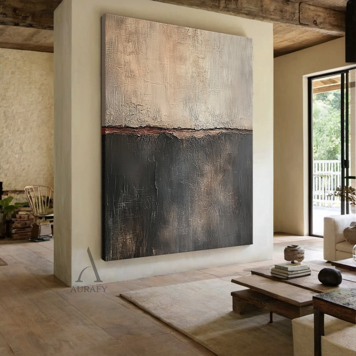 Beige and Black Split-Field Abstract Painting with an Earthy Seam - AURA828