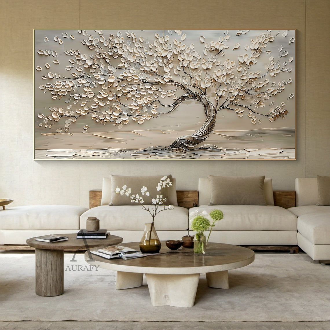 3D Textured Beige Tree Painting High-Relief Sculpted Tactile Surface Modern Organic Luxe AURA467