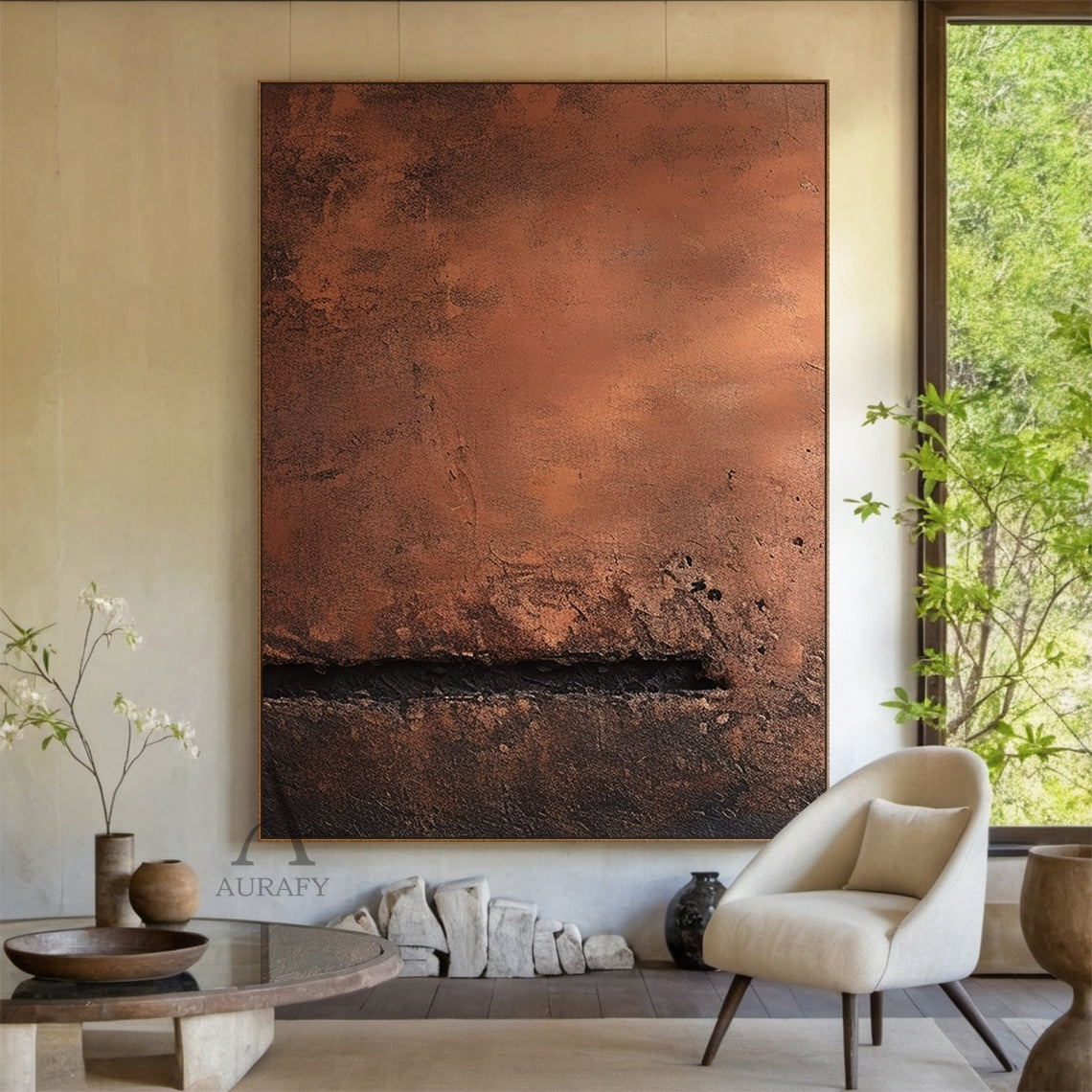 Rust Red and Brown Abstract Painting with a Dark Fissure - AURA831