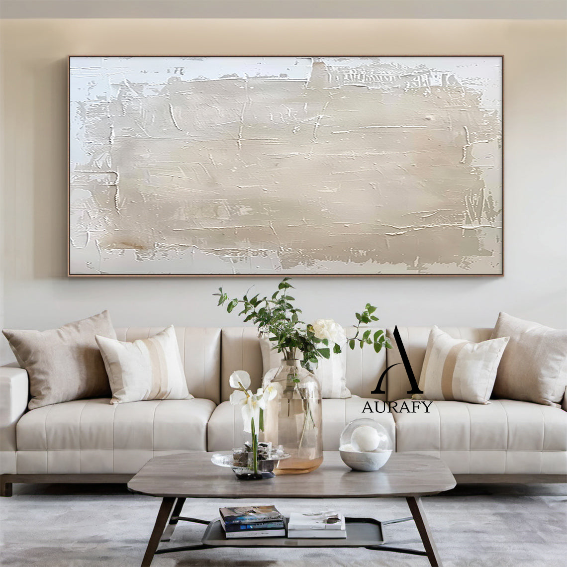 Minimalist Wall Art Beige Impasto Sculpted Canvas Tactile Surface Wabi-Sabi Japandi Interior Style AURA549