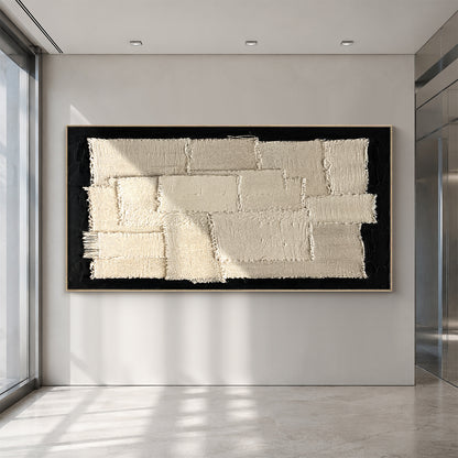 Wabi-Sabi Japandi 3D Textured Black Beige Sculpted Canvas Plaster Tactile Fringe Minimalist Abstract Painting AURA759