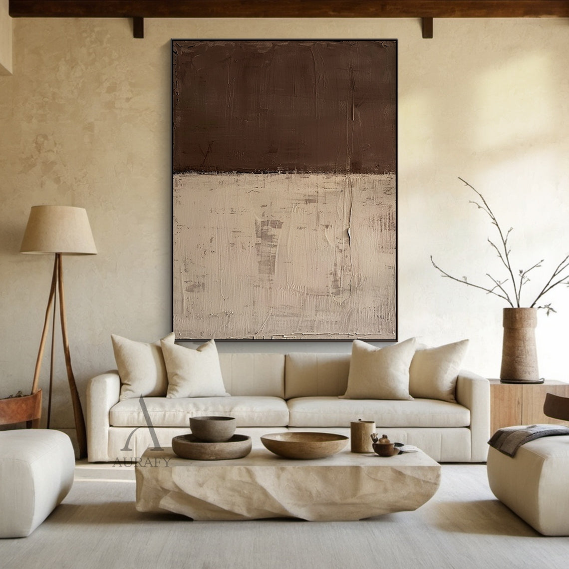 Brown & Beige Two-Tone Textured Abstract Wall Art | Wabi Sabi Japandi Minimalist Canvas | AURA810