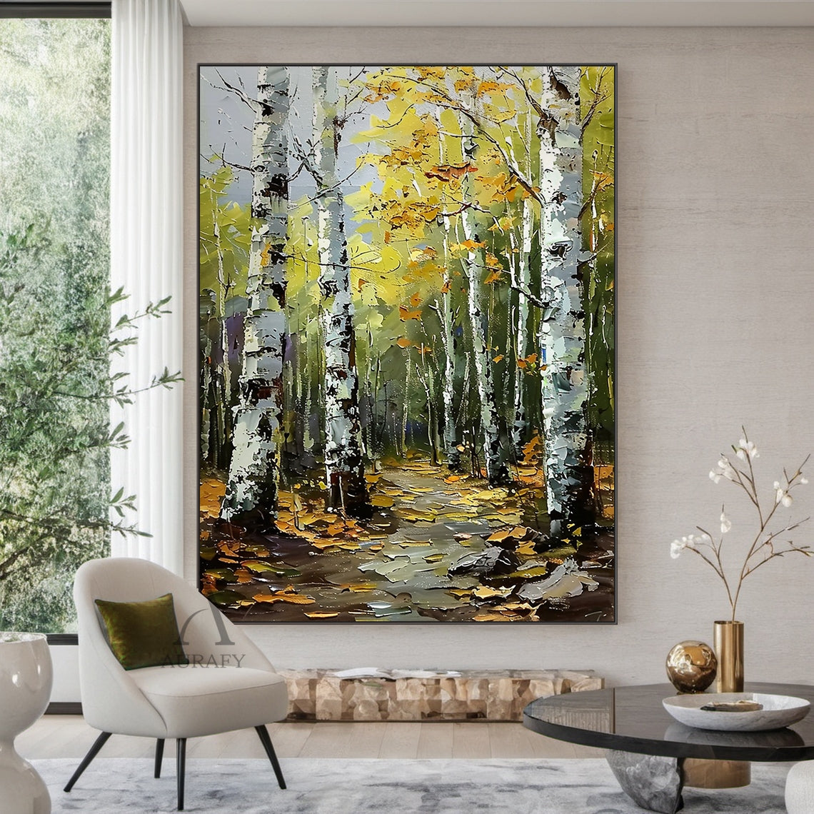 Textured Green Brown Landscape Birch Forest Knife Strokes Oil Painting Tactile Canvas Wabi-Sabi Wall Art AURA744