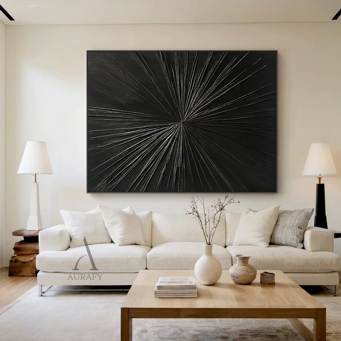 Minimalist Black Wall Art Tactile High-Relief Scratch-Textured Silver Metallic Lines Sculpted Abstract AURA456