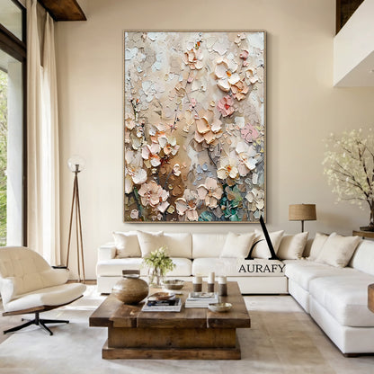 3D Textured Flower Painting High-Relief Tactile Beige Tone Knife Strokes Modern Organic Art AURA572