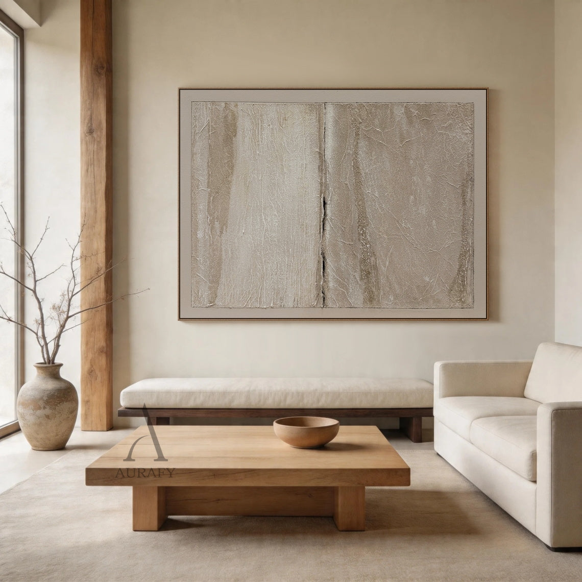 Wabi-Sabi Beige Plaster Textured Japandi Minimalist Abstract Tactile High-Relief Neutral Canvas Wall Artwork AURA740