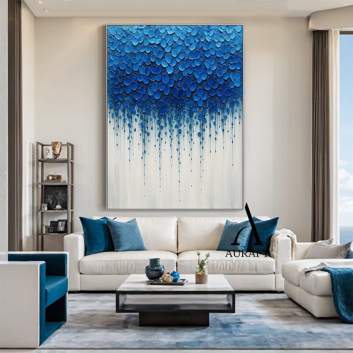 3D Textured Impasto Painting Tactile High-Relief Blue Flower Motifs Drip Effect White Background AURA517