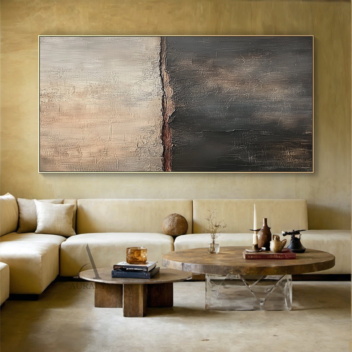 Beige and Black Split-Field Abstract Painting with an Earthy Seam - AURA828