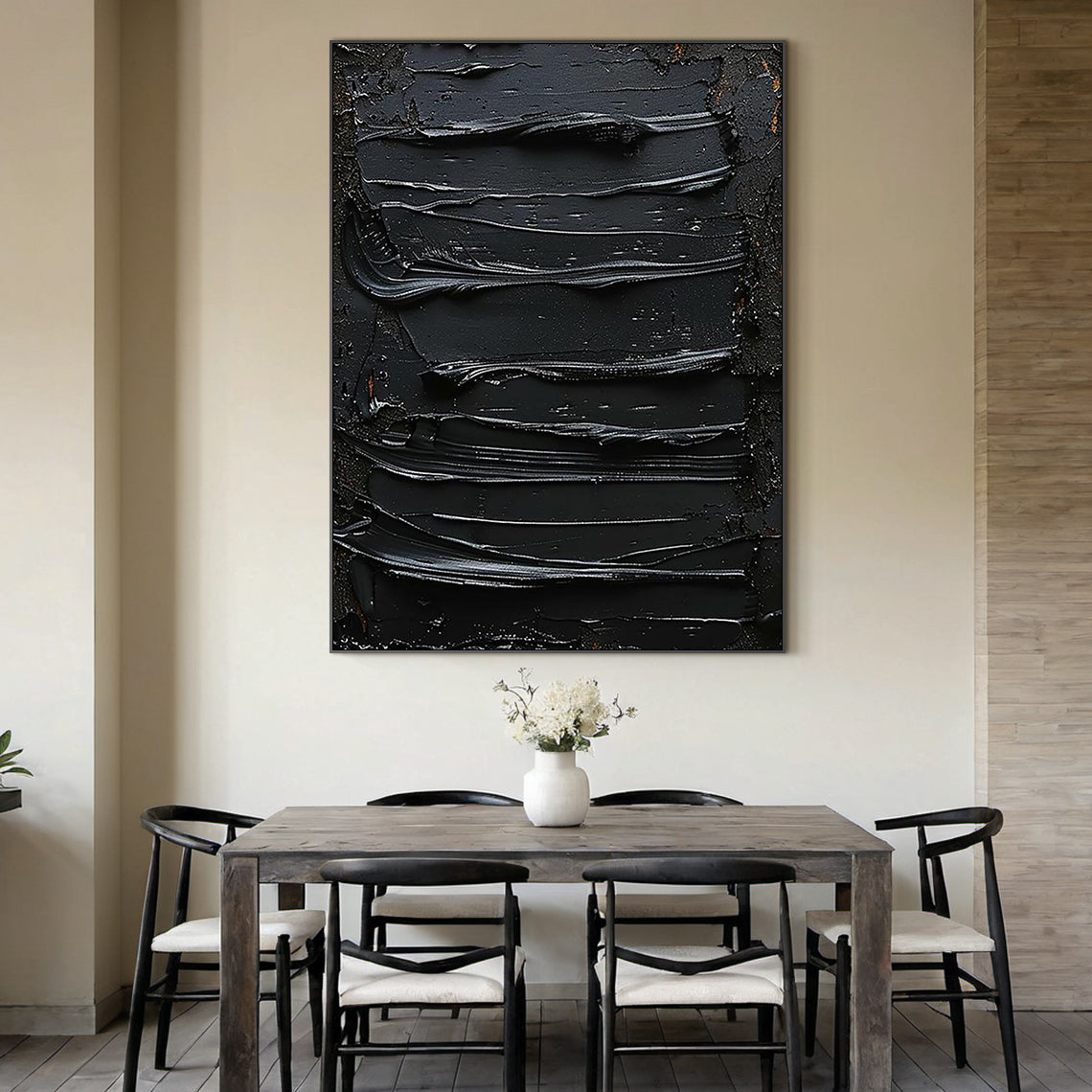 Sculptural Impasto Painting – Matte & Gloss Black Tones – AURA004(Vertical)