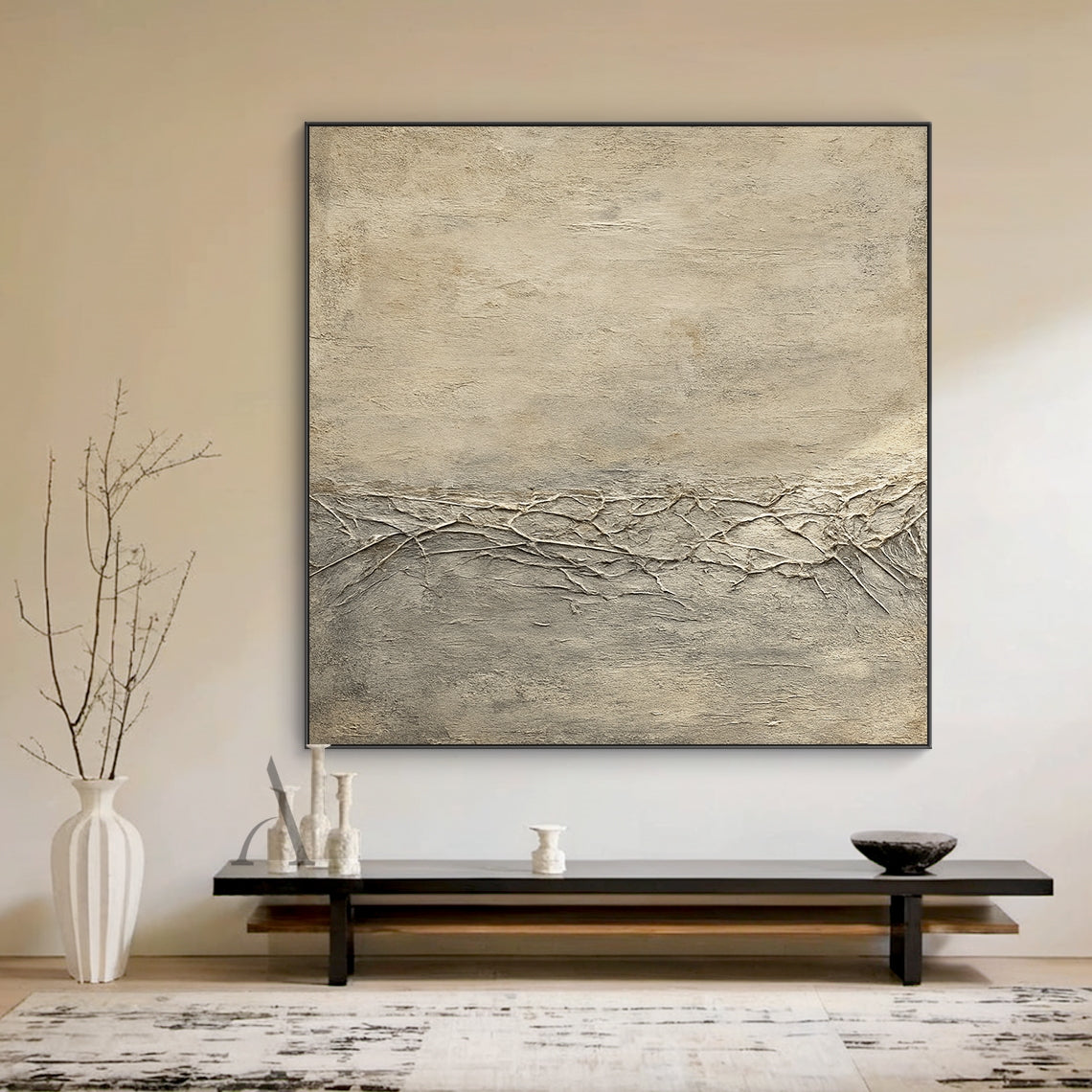 General Abstract Beige Wabi-Sabi Vintage Art with Cracked Distressed Plaster-like Tactile Texture AURA426