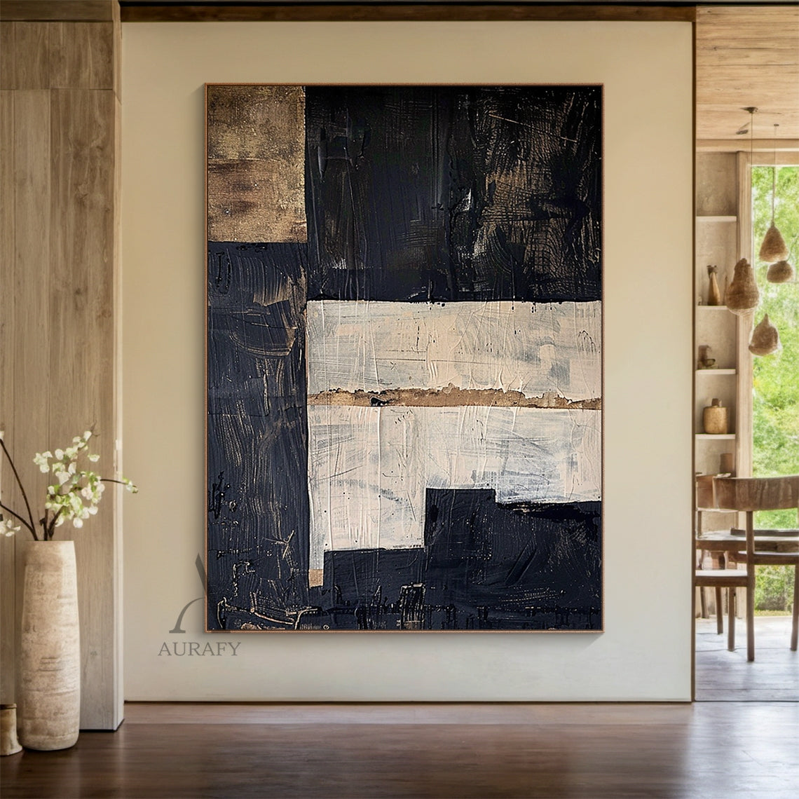 Black and Beige Abstract Wall Art with Stepped Geometric Forms - AURA836