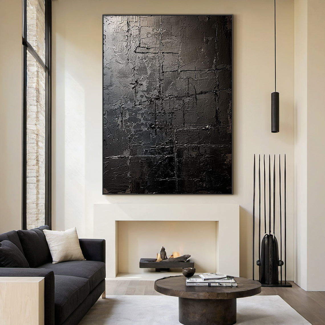 Monochrome Grid Texture Wall Art – Onyx & Charcoal Tones – AURA032(Square)