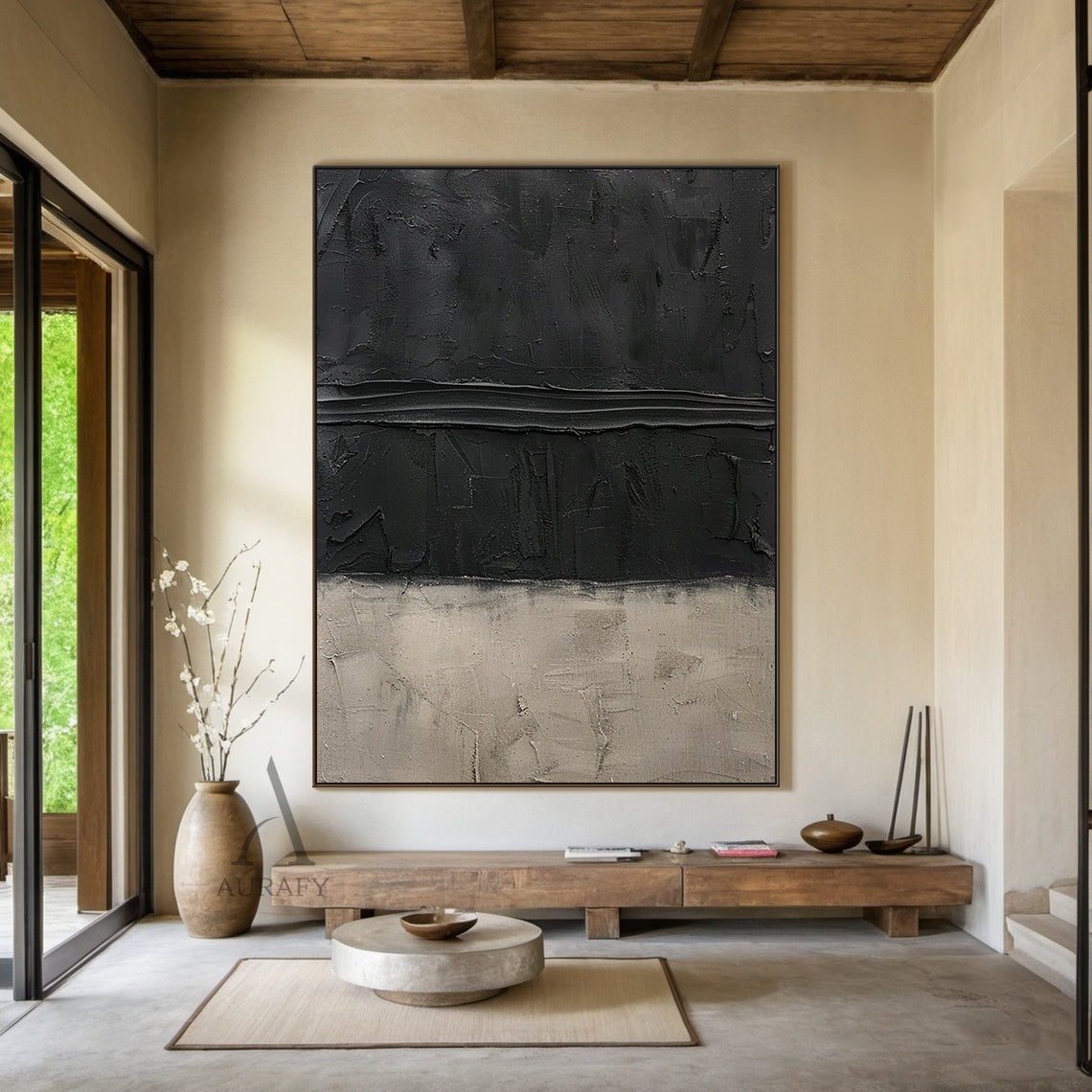Wabi Sabi Plaster Textured Japandi Abstract Black Beige Knife Stroke Tactile Sculpted Canvas Artwork AURA797