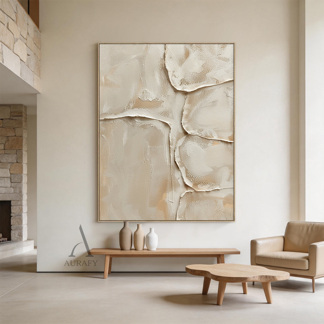 Quiet Layers, Warm Beige Sculpted Plaster Wall Art AURA862