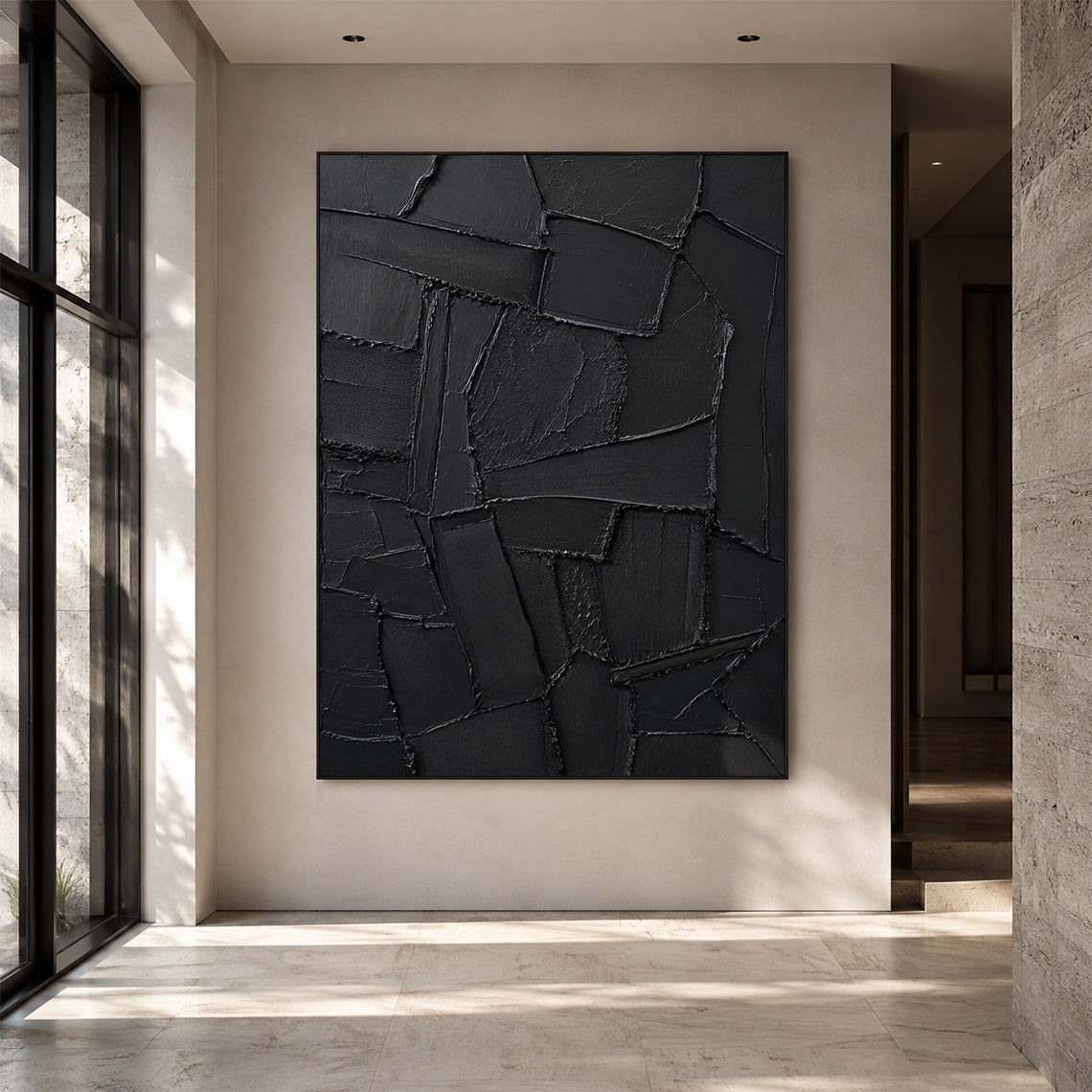 Black 3D Textured Abstract Painting High-Relief Plaster Knife Stroke Minimalist Japandi Wabi Sabi Wall Decor AURA770