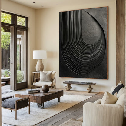 Minimalist Black Wall Art High-Relief Layered Curves Tactile Surface Modern Minimalist Piece AURA428