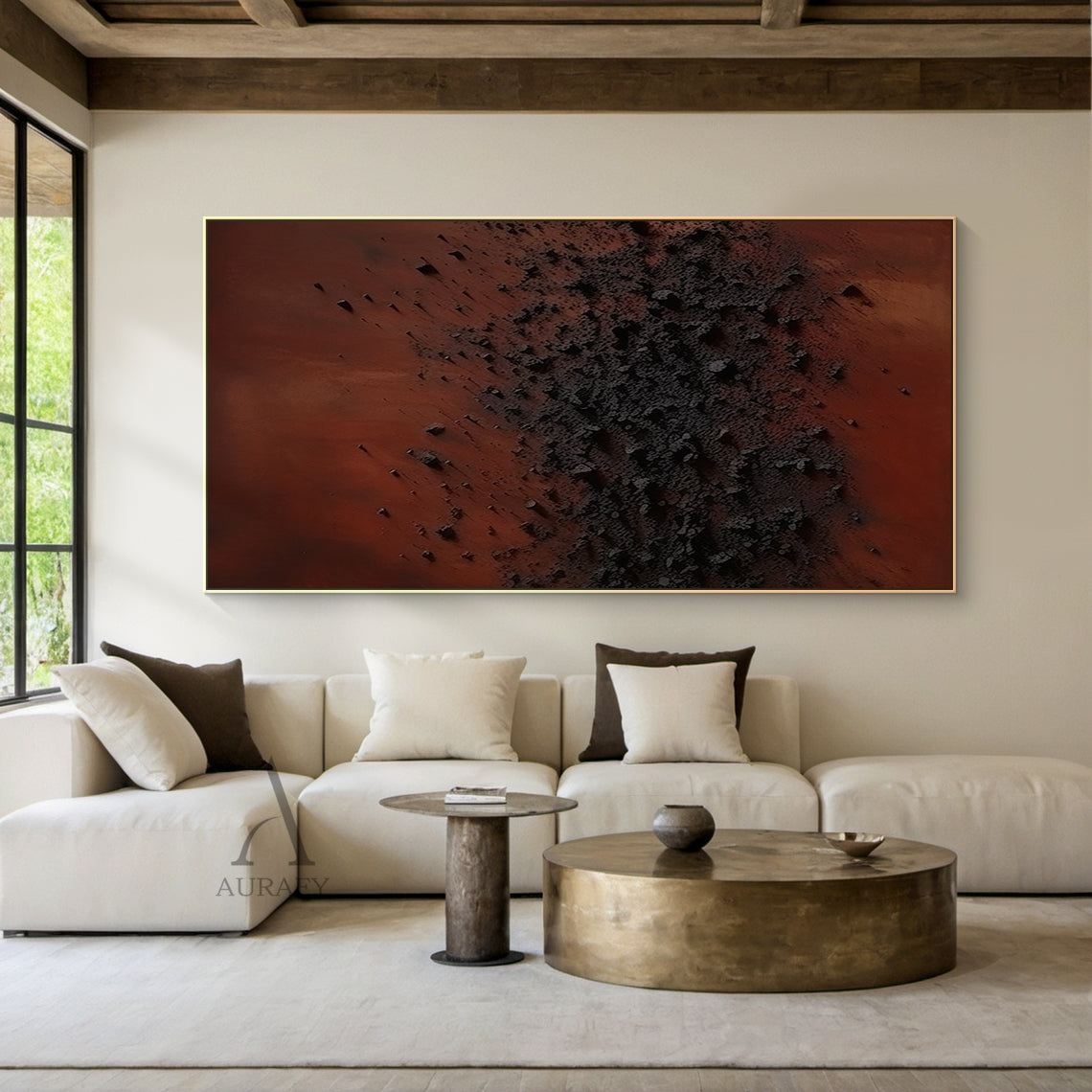 High Relief Terracotta Black Abstract Sculpted Canvas Tactile Minimalist Japandi Modern Home Wall Decor AURA790