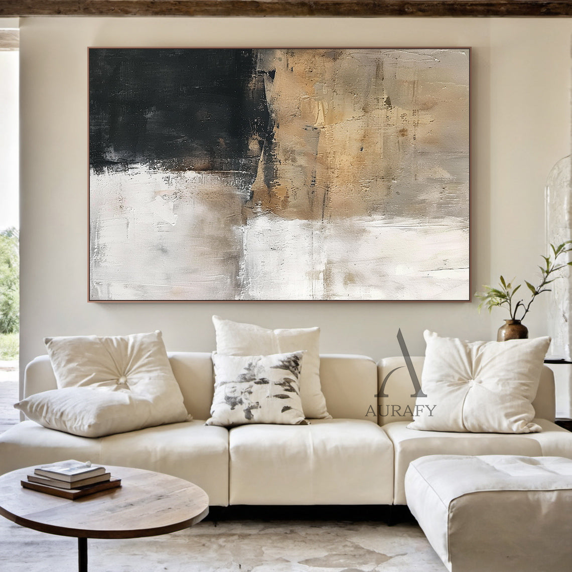 Abstract Neutral Wall Art Impasto Brushstrokes Scraped Tactile White Brown Black Modern Textured Canvas AURA503