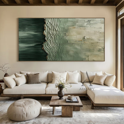 General Abstract Green Textured Art Vertical Flow Wave Thick Coat Copper Accents Worn Surface AURA508