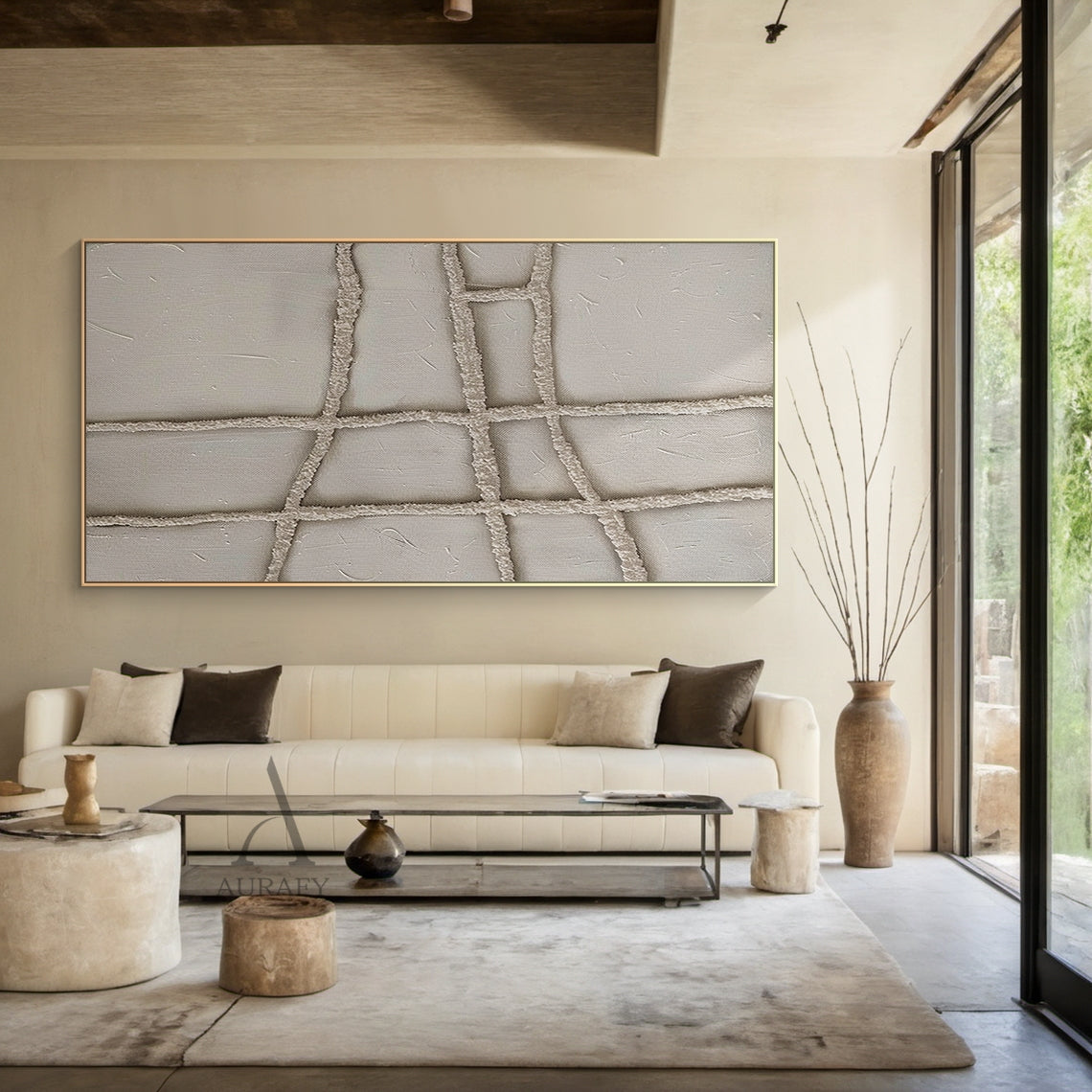 3D Textured Plaster Painting Japandi Wabi-Sabi Beige Minimalist Luxe Geometric Tactile Sculpted Canvas Art AURA788