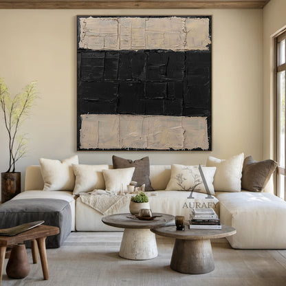 General Abstract Beige Black Impasto Texture Wabi-Sabi Tactile Artwork Modern Organic Sculpted Canvas AURA474