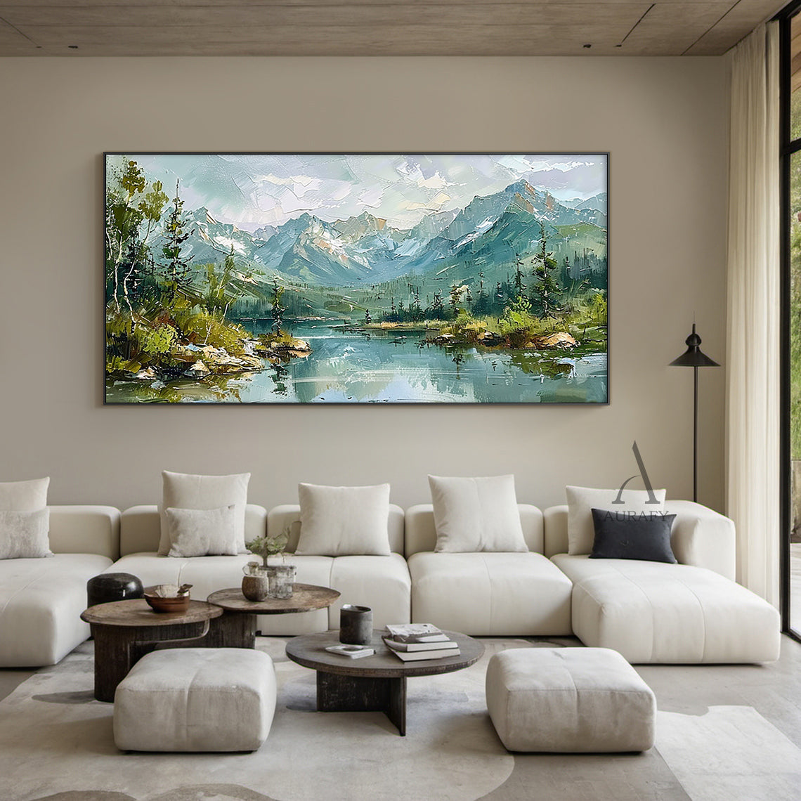 Green Landscape Oil Painting Modern Organic Visible Brushstrokes Lush Mountain Lake Art AURA421