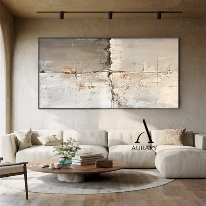 Wabi Sabi Beige Art Plaster Textured Peeling Wall Effect Handcrafted Minimalist Organic Canvas AURA563