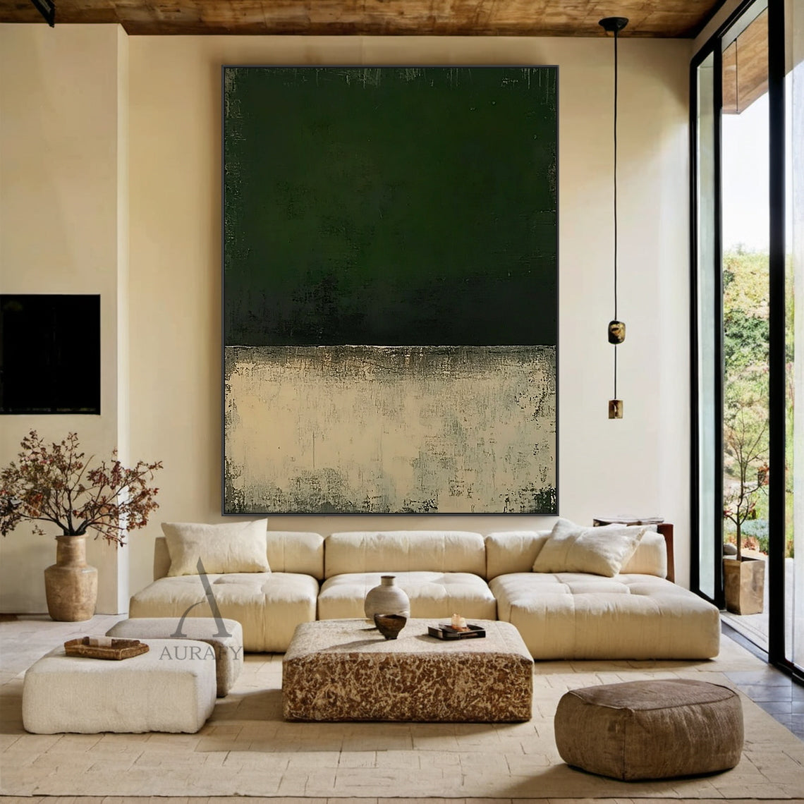 Dark Green Color Block Abstract Wall Art - AURA698