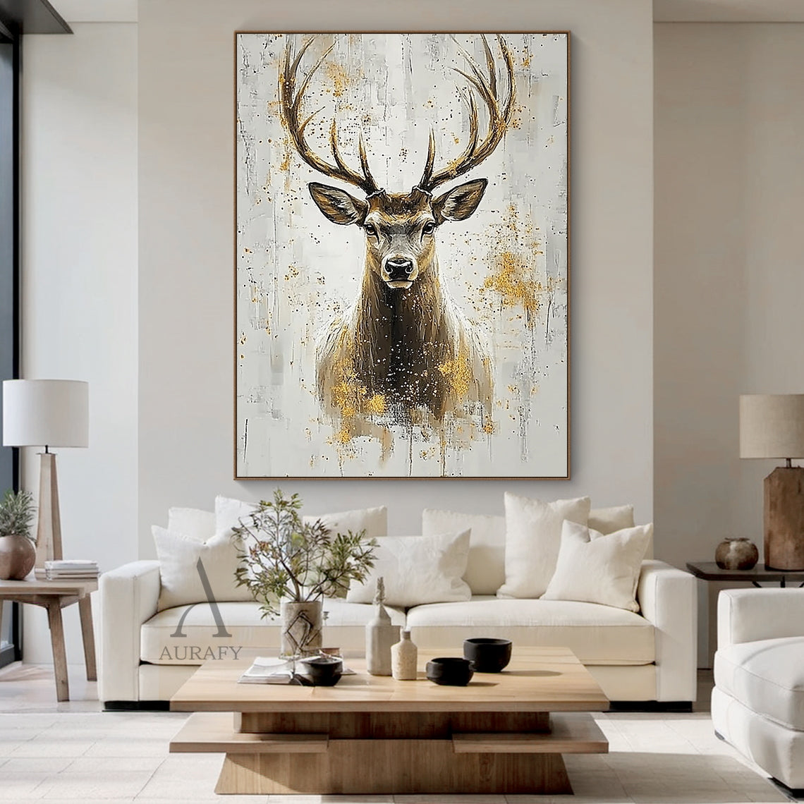 Stag Portrait Wall Art with Gold Accents - AURA653