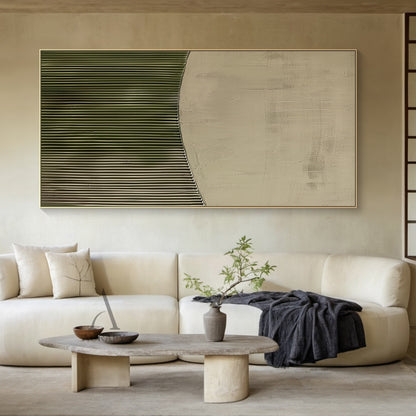 3D Textured Painting Beige Green Tactile Surface High-Relief Sculpted Vertical Stripes Modern Organic AURA465