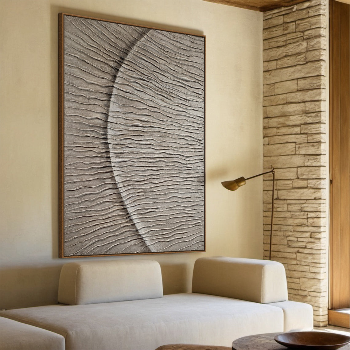 Lunar Wave Wall Art – Textured Taupe Minimalist Painting – AURA016