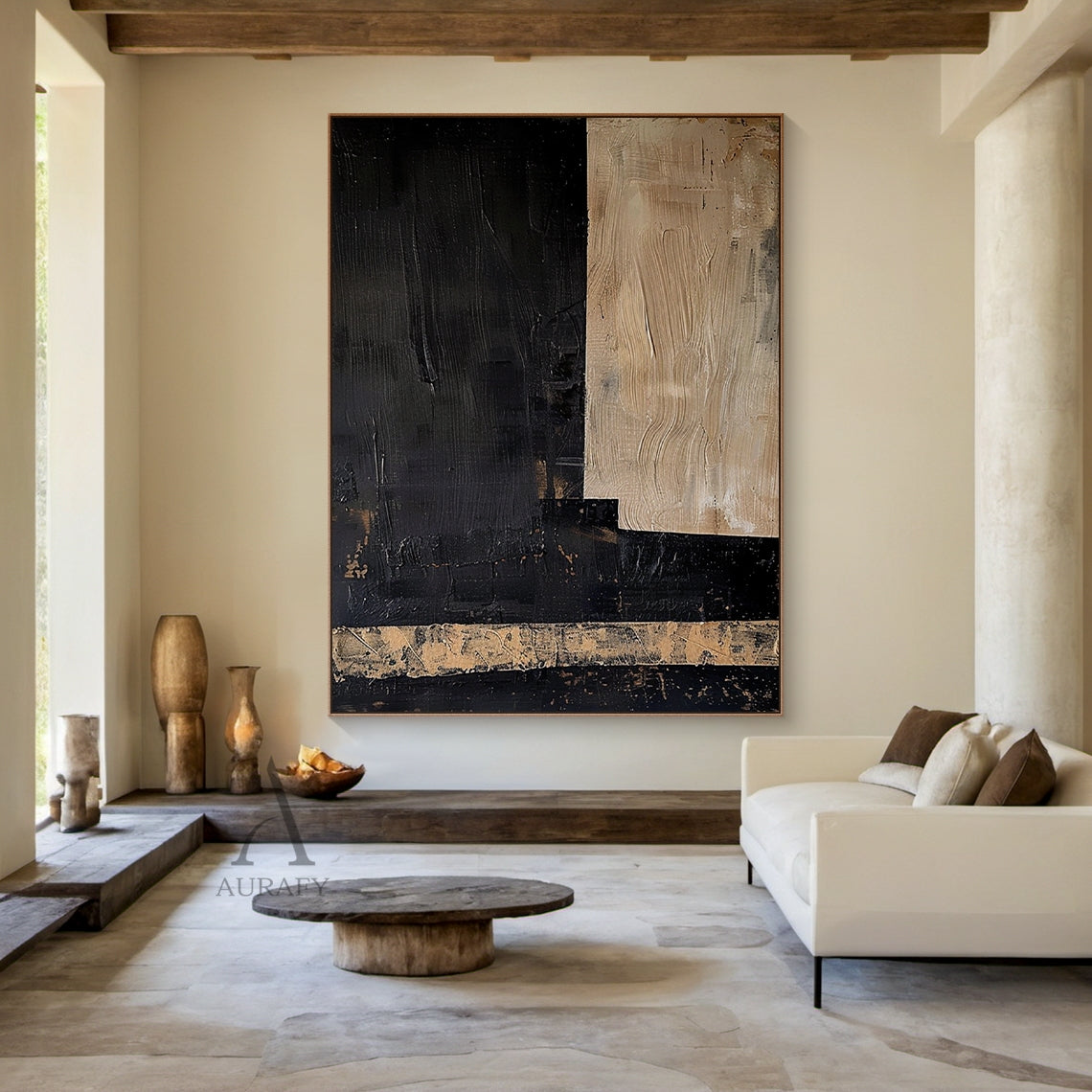Black Abstract Wall Art with a Striated Beige Panel and Band - AURA843