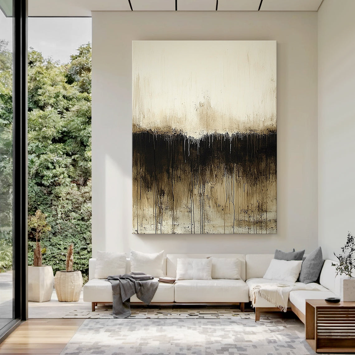 Wabi Sabi Abstract Art Beige Black Hand-Painted Drips Tactile Surface Organic Lines Unrefined Texture AURA583