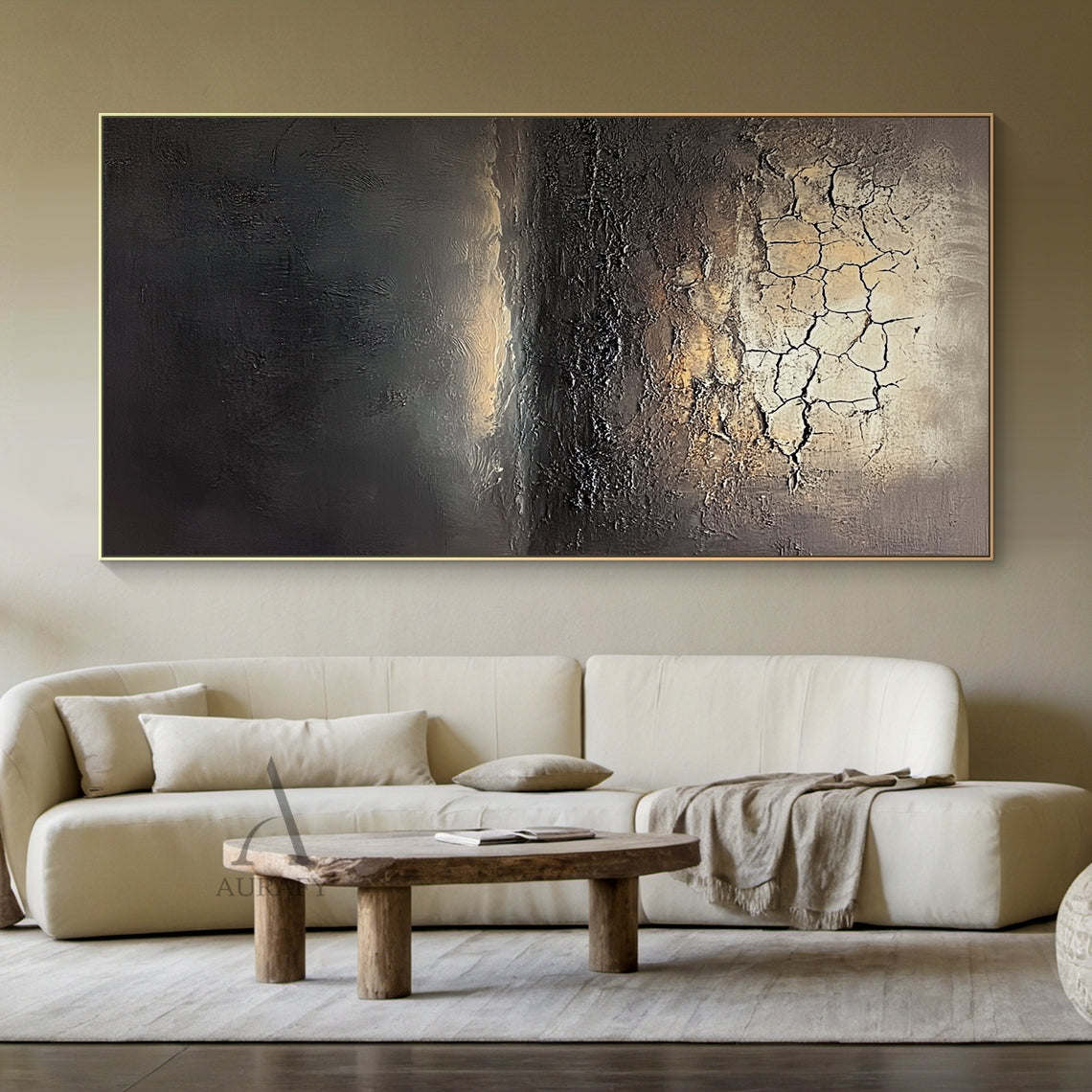 Black Abstract Painting with Beige Crackle and Warm Highlights - AURA824