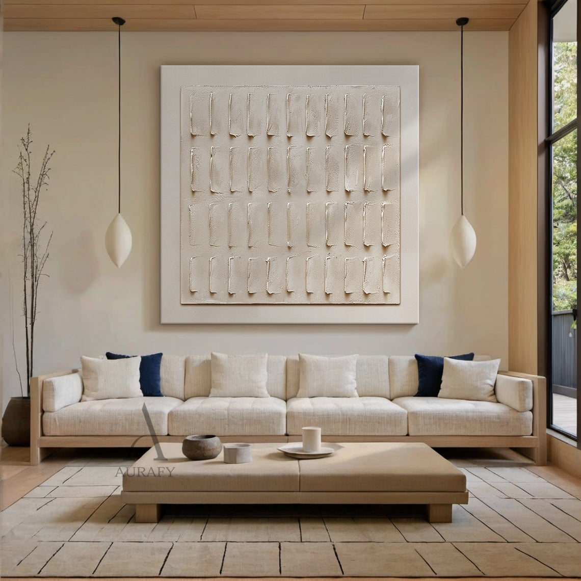 Beige Abstract Plaster Textured Art Sculpted Vertical Grid Tactile Minimalist Luxe Canvas AURA605