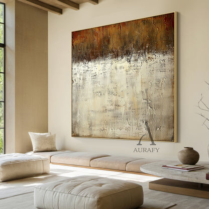 Beige Abstract Art with Tactile Plaster Texture Vertical Drips Weathered Patina Modern Organic AURA505