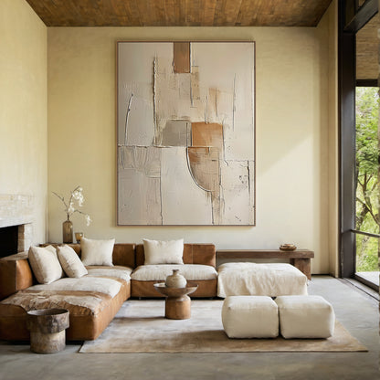 Wabi Sabi Beige Brown Impasto Artwork Tactile Surface Sculpted Canvas Irregular Block Design AURA577