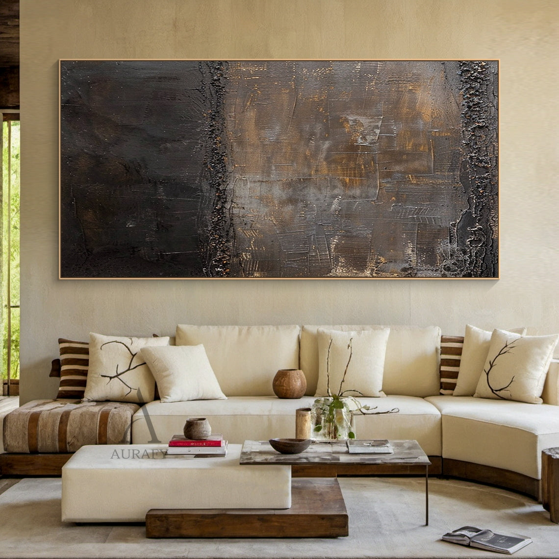 Black and Brown Abstract Painting with Granular Border Lines - AURA845