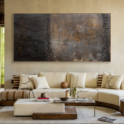 Black and Brown Abstract Painting with Granular Border Lines - AURA845