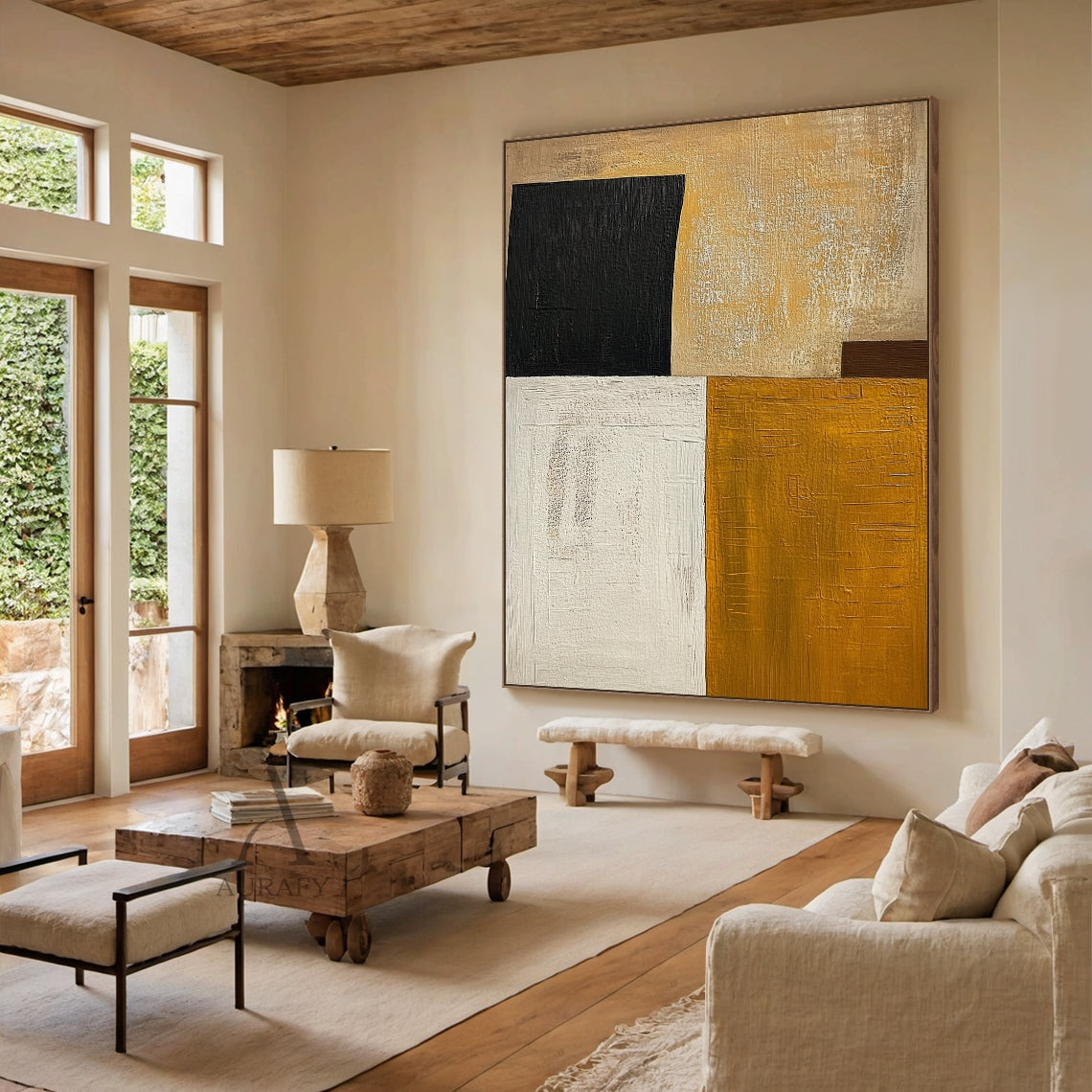 Mustard Yellow and Beige Abstract Painting with Black Blocks - AURA850