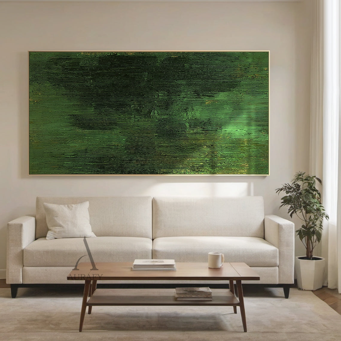 3D Textured Green Abstract Painting Sculpted Tactile High-Relief Surface Dark Gold Accents AURA466