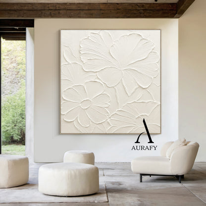 3D Textured Beige Flower Painting High-Relief Plaster Tactile Modern Organic Wabi-Sabi Art AURA510