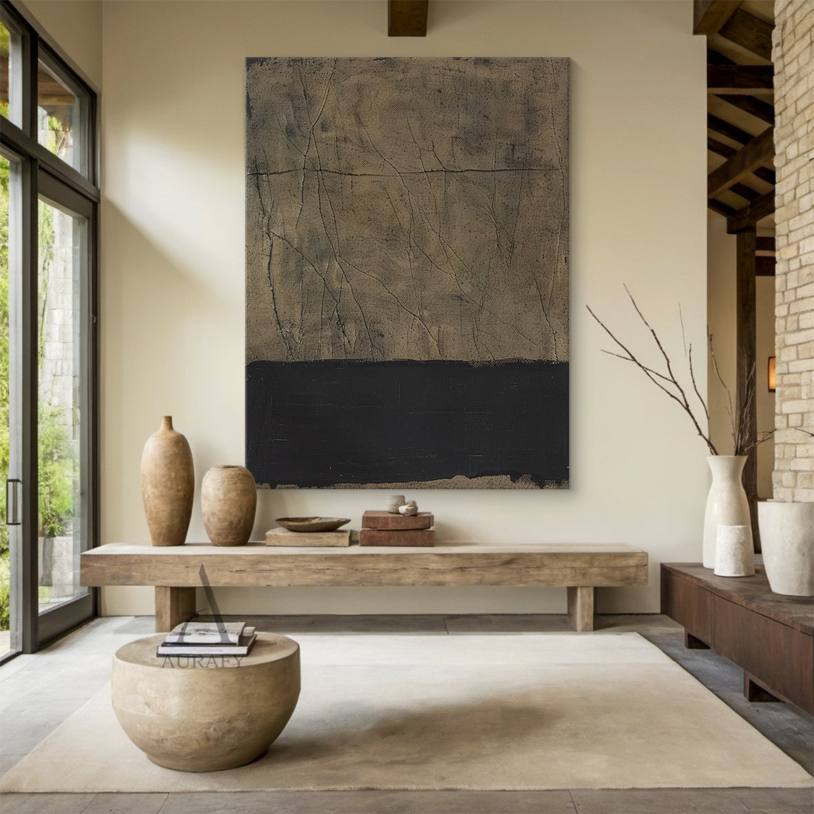 Beige & Black Cracked Plaster Abstract Wall Art | Wabi Sabi Japandi Minimalist Canvas | AURA807