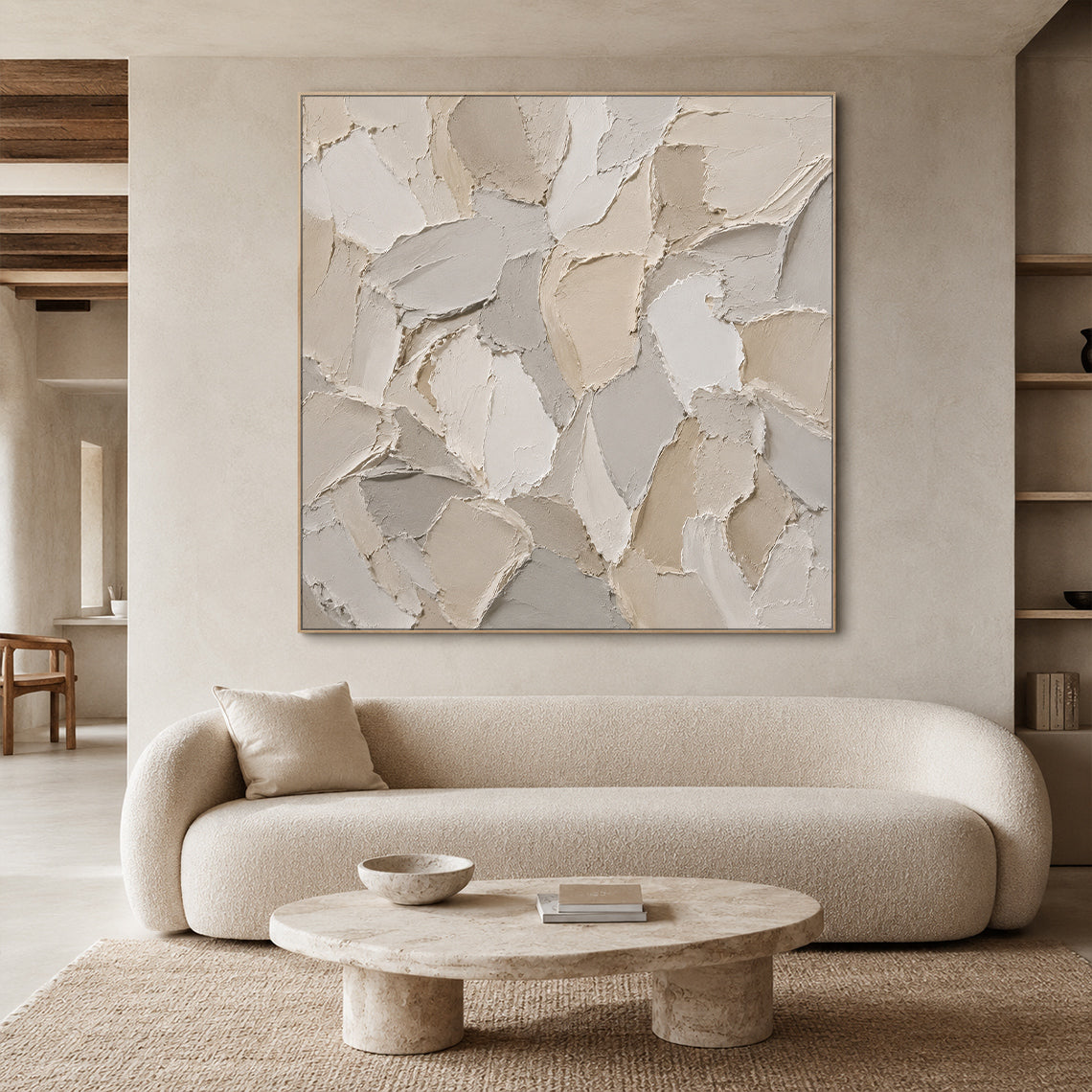 3D Textured Beige Plaster Painting Wabi-Sabi Japandi Knife Stroke Sculpted Canvas Tactile Minimalist Wall Art AURA761