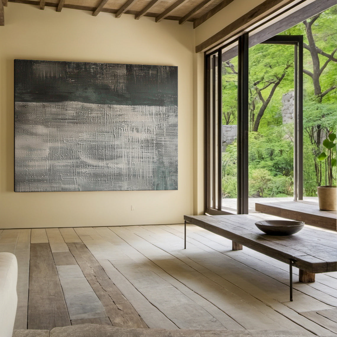 Wabi Sabi Black Gray Abstract Art Tactile Impasto Texture Interwoven Lines Irregular Scratches AURA578