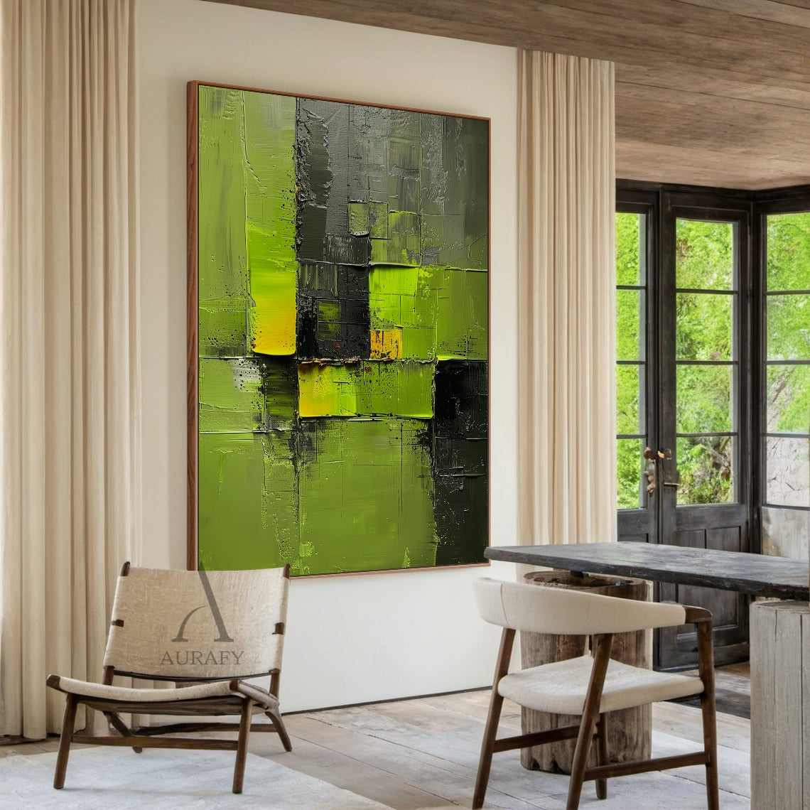 Green Abstract Art Impasto Sculpted Knife Strokes Tactile High-Relief Bold Modern Piece AURA460