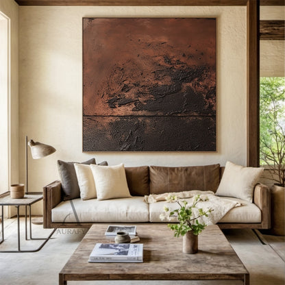 Red Brown Abstract Painting with a Sweeping Dark Textured Mass - AURA846